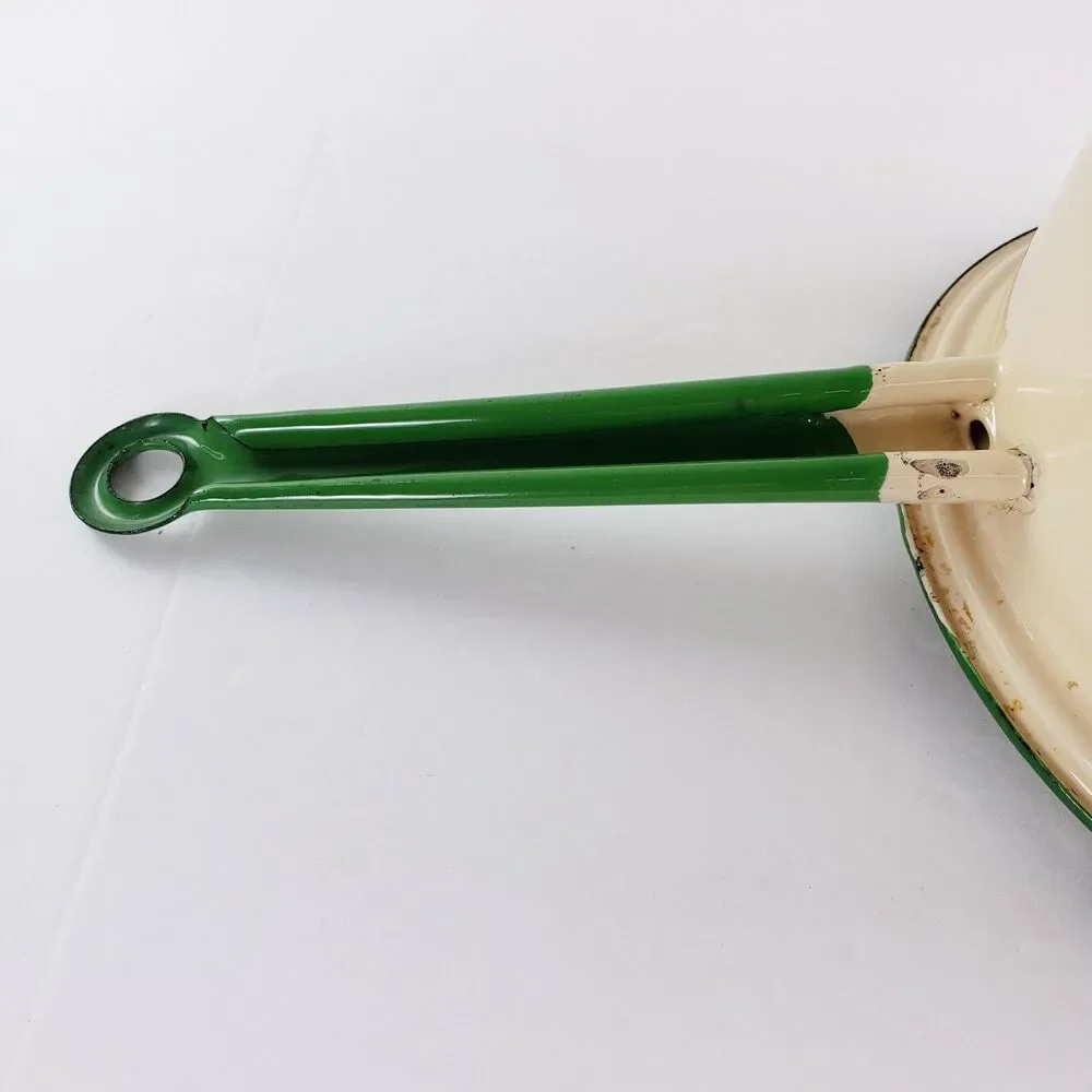 Vtg Cream & Green Enamel Sauce Pan Stock Pot w/ Lid Primitive Camping Rustic